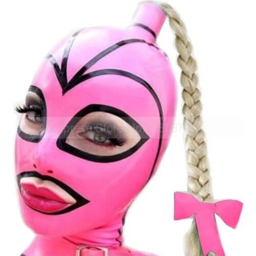 Sexy Pink And Black Latex Mask With Twist Braid Wig Back Zipper Fetish Customized Size Hood Handmade Costumes S-LM264