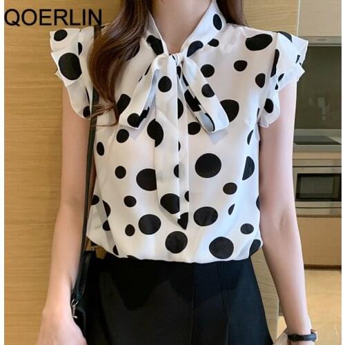QOERLIN Summer Polka Dot Printed Chiffon Shirt Women Sleeveless Ruffled Bow Tie Shirt Female Plus Size Blouse Office Tank Tops
