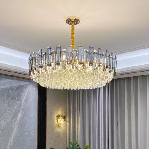 Modern living room decoration chandelier round bedroom home decor smoky grey crystal hanging lamp rectangle kitchen island light
