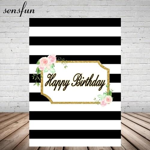 Sensfun Black And White Striped Gold Glitter Pink Flowers Backdrop For Photo Studio Birthday Party Backgrounds Photocall 5x7FT