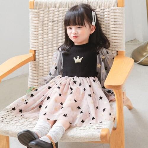 Spring Autumn Dress Star Print Breathable Mesh Design Toddler Dress for Birthday Party Girls Long Sleeves Dress Present