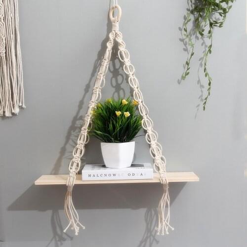 Cilected Nordic Hand-Woven Cotton Macrame Tapestries Rack Wooden Shelves Wall Decorative Shelves Wall Hanging Shelves Ornament