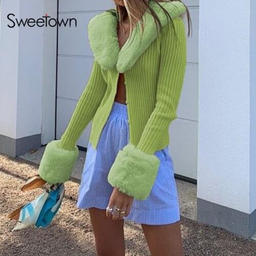 Sweetown Ribbed Knitted Ladies Cardigans Sweaters With Fur Trim Collar Long Sleeve Slim Autumn Winter Jumpers Women Knitwear Y2K