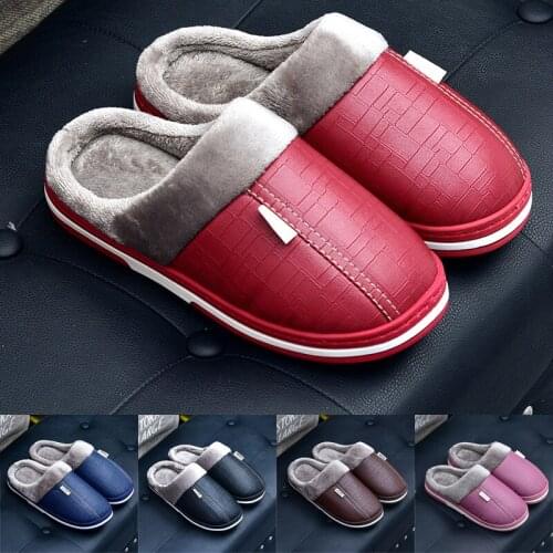 PU Leather Slippers Winter Indoor Waterproof Warm Shoes Mens Fur Slippers Women Slipper Home Plush Platform Shoes Fluffy Shoe