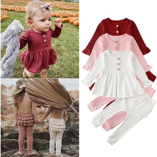Pretty Kids Baby Girl Knitted Sets Autumn Clothes Solid 2Pcs Flare Sleeve Shirts Tops Ruffles Leggings Baby Girl Outfits 0-24M