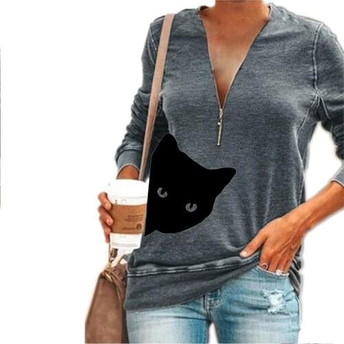 High Quality Women Cartoon Cat Print Tshirt Half Zipper V-Neck Sexy Pullover Tops Lady Plus Size Long Sleeved Thick T-shirts