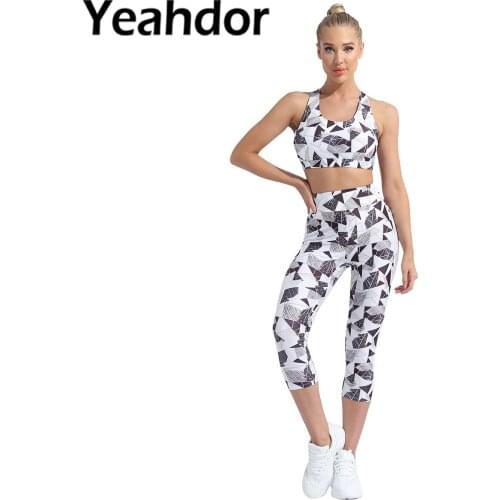 Women Yoga Fitness Sportswear U Neck Straps Cross at Rear Open Back Sport Bra Top and Pants Set for Running Gym Workout Dance