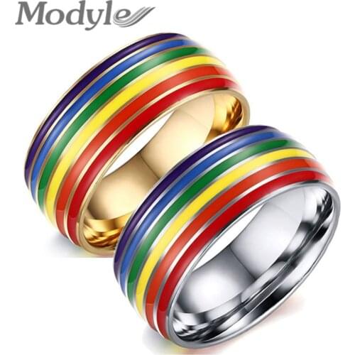Modyle 2020 New Fashion High Quality 8mm Gold Silver Color Stainless Steel Rainbow Pride Lesbian Gray Wedding Ring For Man Woman
