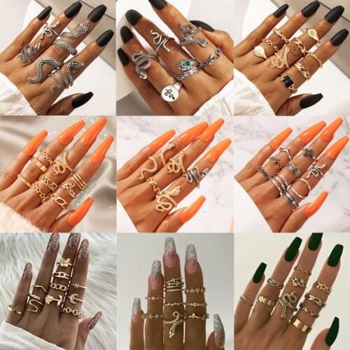 Tocona Vintage Gold Silver Color Snake Butterfly Joint Ring Sets for Women Luxury Rhinestone Flowers Wedding Ring Jewelry кольца