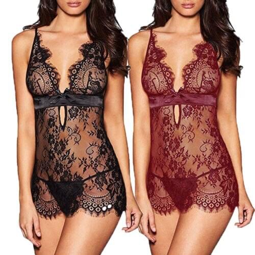 Women Sexy Lingerie Dress with Thong Babydoll Lace Mesh Lingerie Dress Set Ladies Exotic Underwear Set Sleepwear Nightdress