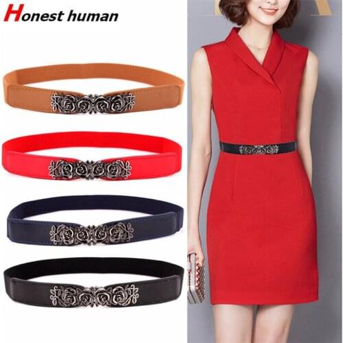 2019 Luxury Rose Metal Buckle Dress Detcorative Stretchy Waistband Vintage Women PU Leather Elastic Waist Belts elastische riem