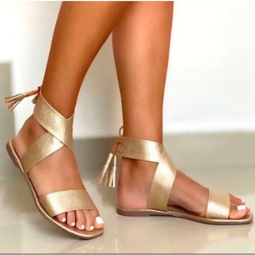 2021 Summer Womens Flat Sandals With Ankle Straps Open Toe Gladiator Sandal Tassels Roman Shoes Woman Gold Flats Sandalias