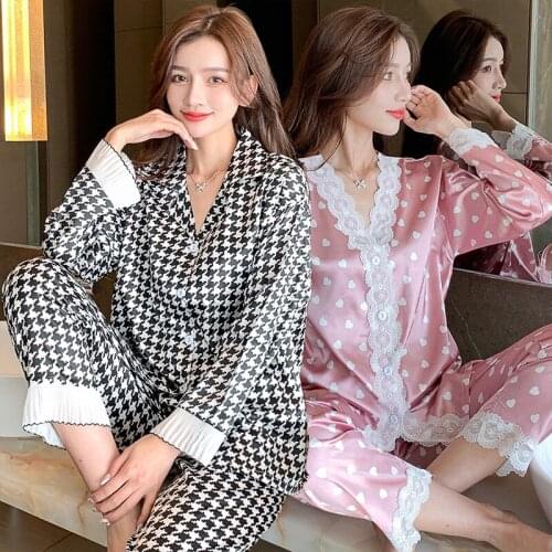 2021 Spring Summer Long Sleeve Silk Satin Pajama Sets for Women Print Sleepwear Suit Pyjamas Homewear Pijama Mujer Home Clothes