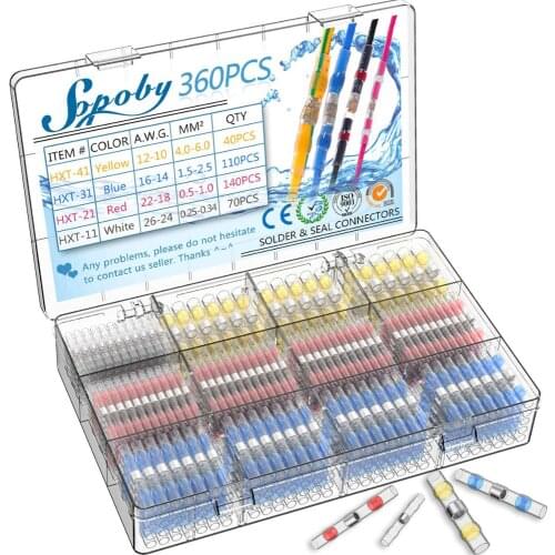 360PCS Solder Seal Wire Connectors Heat Shrink Solder Butt Connectors Terminals Connector Kit Automotive Marine Insulated Pack
