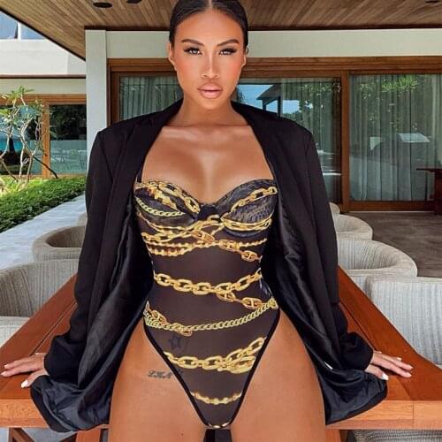 Imcute Spaghetti Strap Bodysuit Sexy Backless Bodysuit Romper String Femme Sexy Chain Printing Sleeveless Tank Top Bodysuit