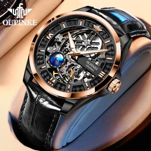 OUPINKE New Mens Automatic Mechanical Watch Skeleton Design 50M Waterproof Sapphire Mirror Leather Strap Male Watches