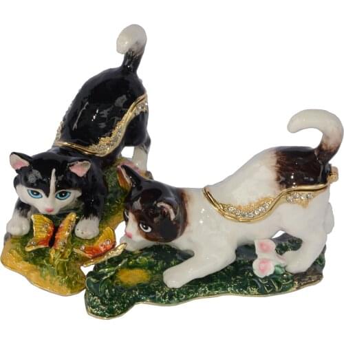 BLack/white Cat Play Butterfly Jewelry Box Cat catches butterfly Trinket Box Collectible statues figurines gifts