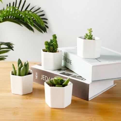 Artificial Succulent Flowerpot White Creative Six-sided Ceramic Pot Set With Bamboo Mat For Desktop Office Decoration