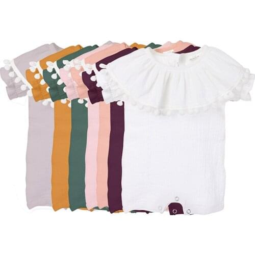 Kaiya Angel 2019 Newborn Baby Clothes Toddler Girls Short Sleeve Summer Romper White Pompom Around the Neck Baby Lovely Jumpsuit