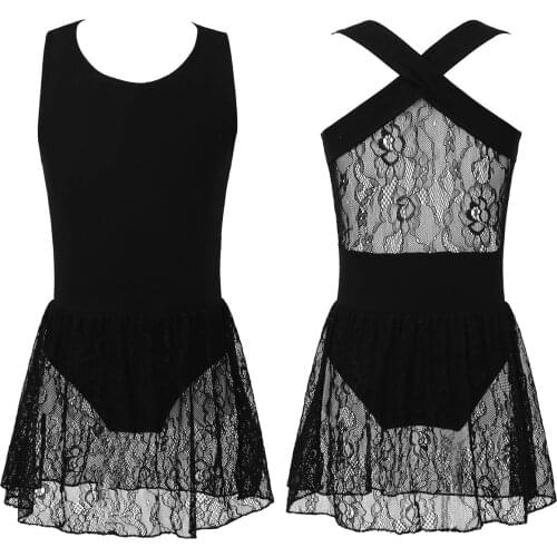Kids Girls Lace Ballet Dress Cotton Sleeveless Cross Back Dance Gymnastics Leotard Skirted Ballerina Dress Performance Dancewear