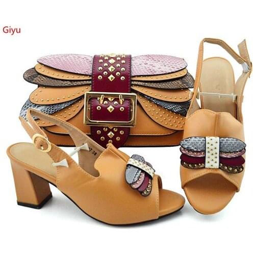 Doershow beautiful Italian khaki Shoes With Matching Bags African Women Shoes and Bags Set For Prom Party Summer Sandal!SKP1-40