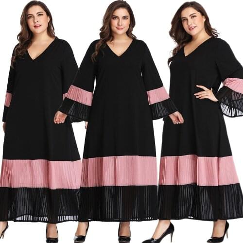 Muslim Women Plus Size Long Dress Spring Autumn Pleated Maxi Robe Kaftan V-neck Casual Loose Ramadan Islamic Clothing Fashion