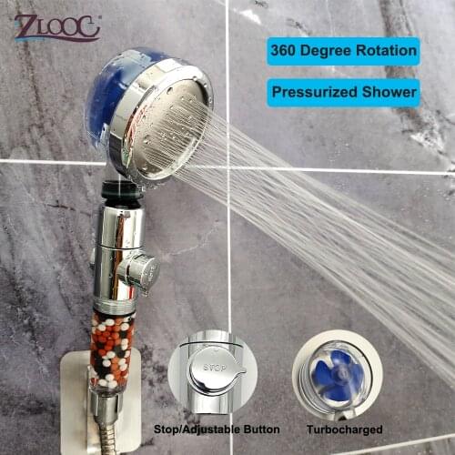 Zloog Pressurized Shower Head High Pressure Water Saving 360 Degrees Rotating Anion Filter Shower Head with Switch on/off Button