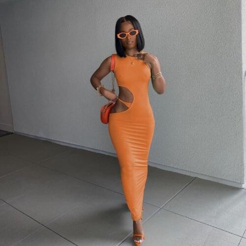 Solid Bodycon Slim Fit Basic Tank Long Dress Side Hollow Out Asymmetric Sleeveless Vest Maxi Dresses Round Neck Womens Vestidos