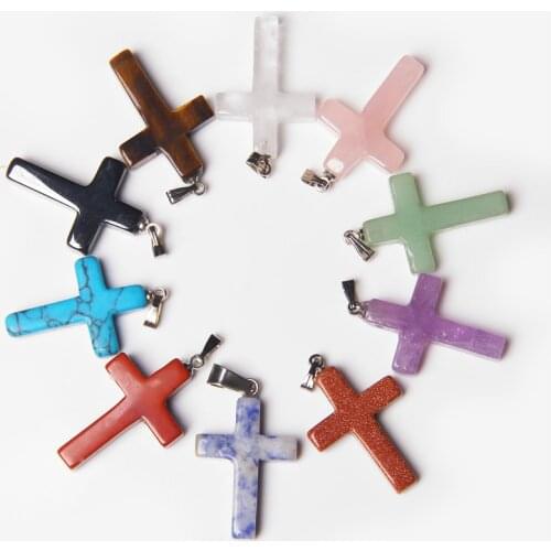 Wholesale Natural Stone Pendant Necklace Simple Cross Shape Quartzs Agat Tiger Eyes Stone Necklace Good Quality Necklace Jewelry