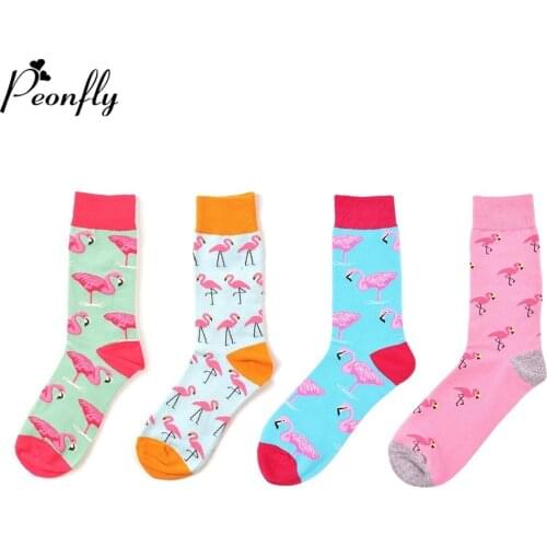 Peonfly New Cotton Funny Couple Harajuku Spring Crew Casual Happy Socks for Women /men Art Flamingo Cute
