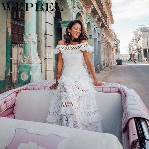 WEPBEL Ruffle Mesh Button Beach Long Dress Womens Off Shoulder Maxi White Dress Floral Crochet Summer Elegant Lady Dresses