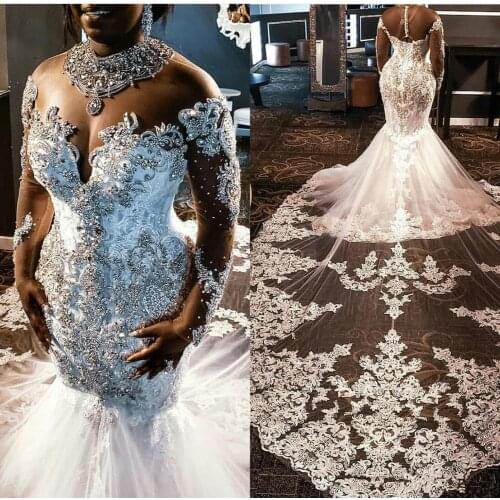 Sheer Mesh Top Lace Mermaid Wedding Dresses 2021 Tulle Lace Applique Beaded Crystals Long Sleeves Wedding Bridal Gowns Plus Size