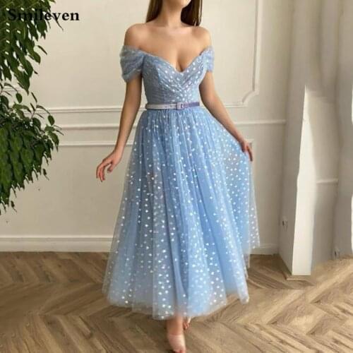Smilevven 2021 New Sky Blue Dots Stars Tulle A Line Prom Dresses With Belt Off The Shoulder Tea Length Formal Party Gowns