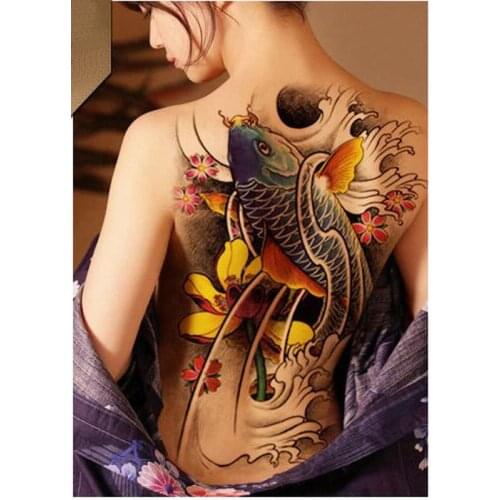 Full back tattoo colorful Koi lotus carp Waterproof Temporary Tattoo Sticker cool men large flash tattoo women fake taty 50style