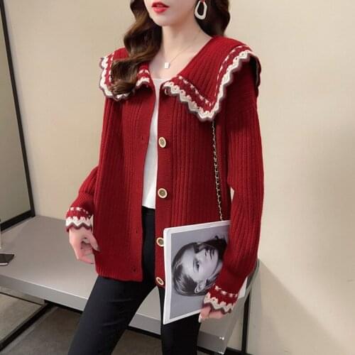 Ethnic Style Peterpan Collar Womens Autumn Clothes Knitted Oversized Cardigan Mori Girl Petal Sleeves Vintage Knitwear Red Coat