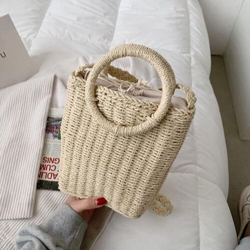 Ladies Handmade Bucket Rattan Woven Straw Bag Summer Women String Shoulder Crossbody Bag Casual Beach Small Handbag and Purse