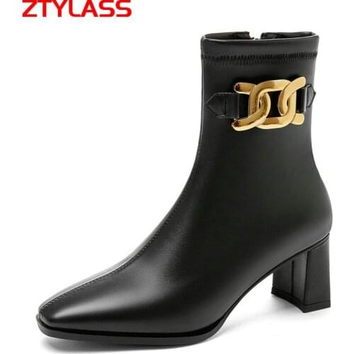 2021 Autumn Women Ankle Boots Fashion Zipper Metal Decoration Short Boots Square Heel Pointed Toe Winter Lady Shoes