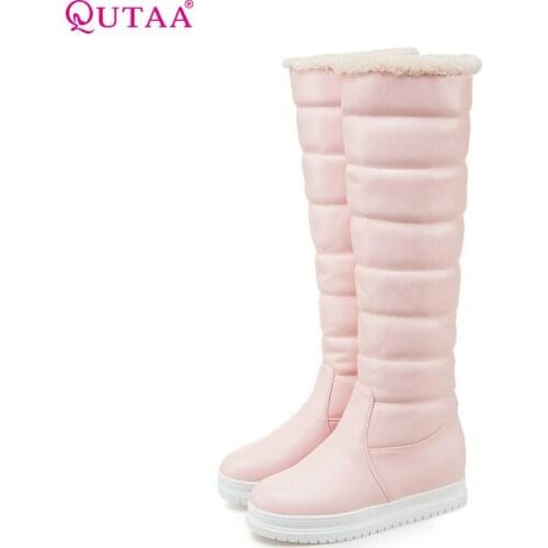 QUTAA 2020 Fashion Women Knee High Boots Witer Snow Boots Slip on Round Toe Wedges Heel Pu Leather Women Boots Size 34-43
