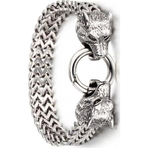 Biker Black Wolf Head Mens Viking Bracelet Franco Link Curb Chain Bracelet