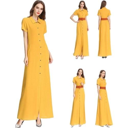 Fashion Women Lapel Collar Short Sleeve Long Maxi Shirt Dresses With Belt Button Cocktail Sundress Ankle-Length Summer Clothing