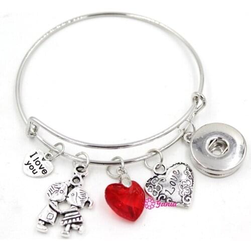 10PCS/LOT Wholesale New Heart Jewelry I LOVE YOU Lover Heart Charms Expandable Wire Snap Bracelets for Valentine Gift Jewelry