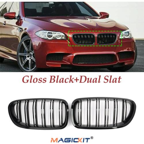 MagicKit For BMW F10 F11 F18 5-Series 10-16 M Sport Dual Line Glossy Black Grill Grilles