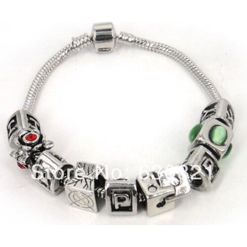 Free shipping European style thread lettey cz and Metal charm bracelet