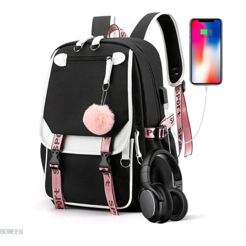 Large Women Backpack School Bags for Teenage Girls Usb Pink Fashion Patchwork Nylon Bagpack Youth Backbag Big College Back Pack