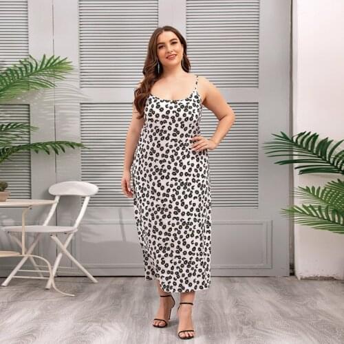 DOIB Women Floral Print Pajamas Black White Spaghetti Strap Nightgowns Plus Size Sleepwear Dress Oversize Summer Dress
