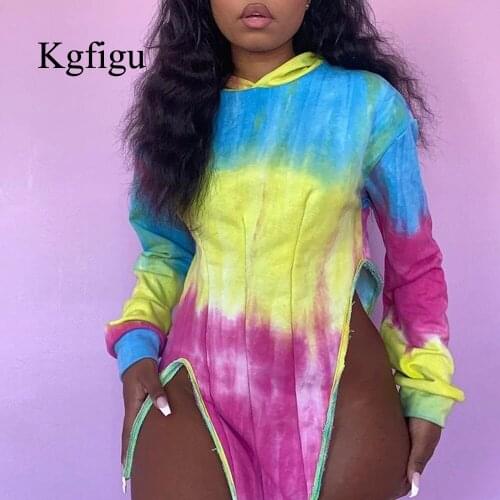 KGFIGU 2021 Winter Autumn Hooded Colorful Print Long Sleeve Asymmetrical Women Street Wearing Sweatshirts High Quality