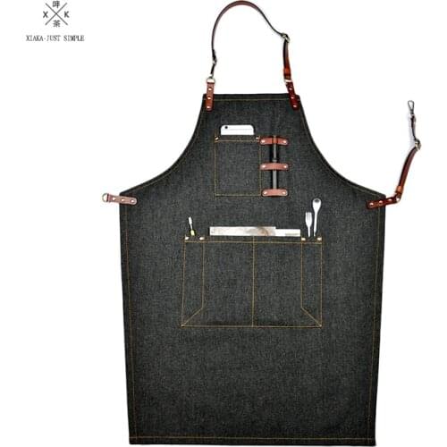 Leather denim apron barista work apron coffee shop barber apron