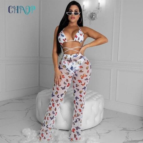 CHAOP Summer Sexy Bikini See Through Lace Open Beach Hollow Out Fashion 2 Piece Bikini Top and Long Pants Slim Women 3 Piece Set