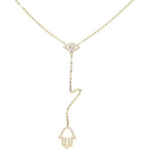 Fashion jewelry turkish evil eye hamsa hand pendant micro pave clear cz Lariat Y shape Gold color stunning women necklace
