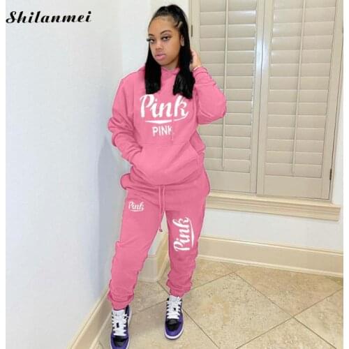 New Pink Letter Print Two Piece Set Women Active Fitness Outfit Long Sleeve Hoodies Jogger Pants Sets Casual Sporty Sweat Suits
